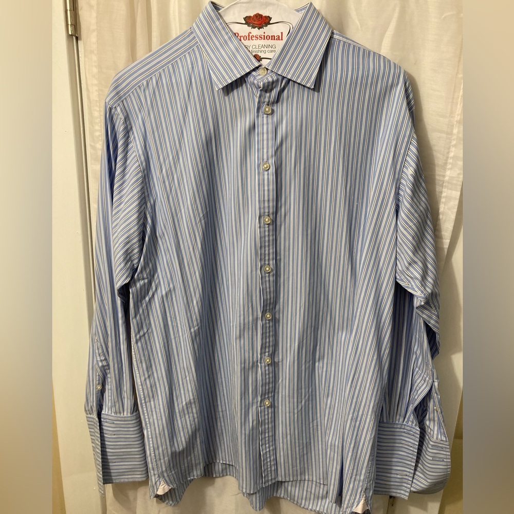 Thomas Pink Dress Shirt, Blue Stripe with French Cuff